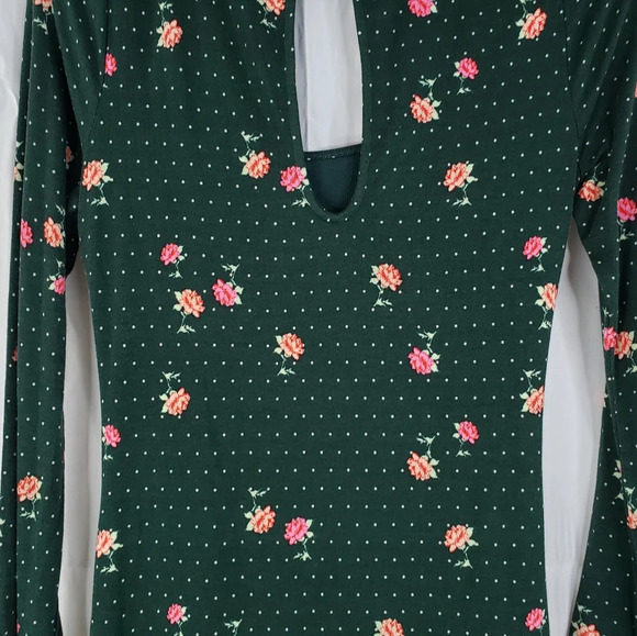 Free People Green Pink Flowers Celine Ruched Key Hole Back Mini Dress Sz S. - Picture 11 of 13